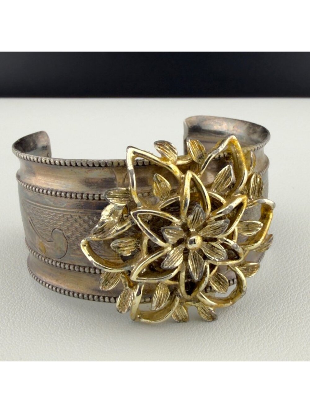 Vintage Cuff Statement Bracelet Aged Gold Tone Flower Silver Tone Patina Wide